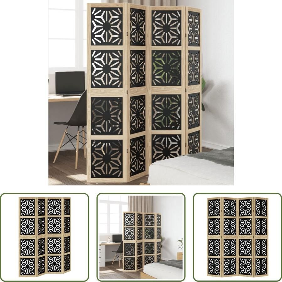The Living Store Kamerscherm met 4 panelen massief paulowniahout bruin en zwart Kamerscherm