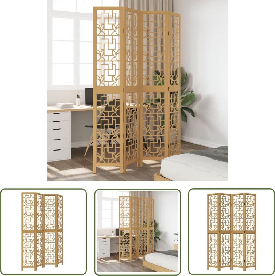 The Living Store Kamerscherm van massief paulowniahout 140-145 x 220 cm Bewerkt hout 4 panelen Kamerscherm Scheidingswand Paulowniahout Houten Kamersscherm Meubilair - Foto 2