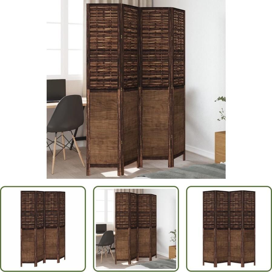 The Living Store Kamerscherm met 4 panelen massief paulowniahout donkerbruin Kamerscherm