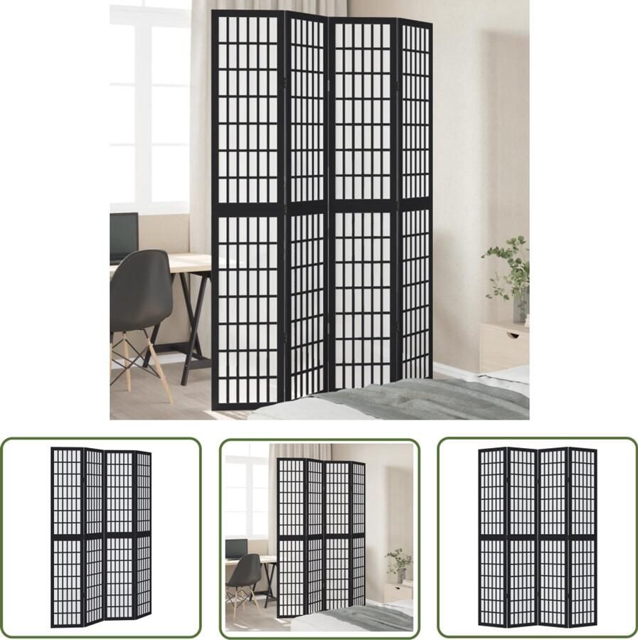 The Living Store Kamerscherm met 4 panelen massief paulowniahout zwart Kamerscherm Scheidingswand Houten Scherm Paulowniahout Zwarte Kamerdecoratie
