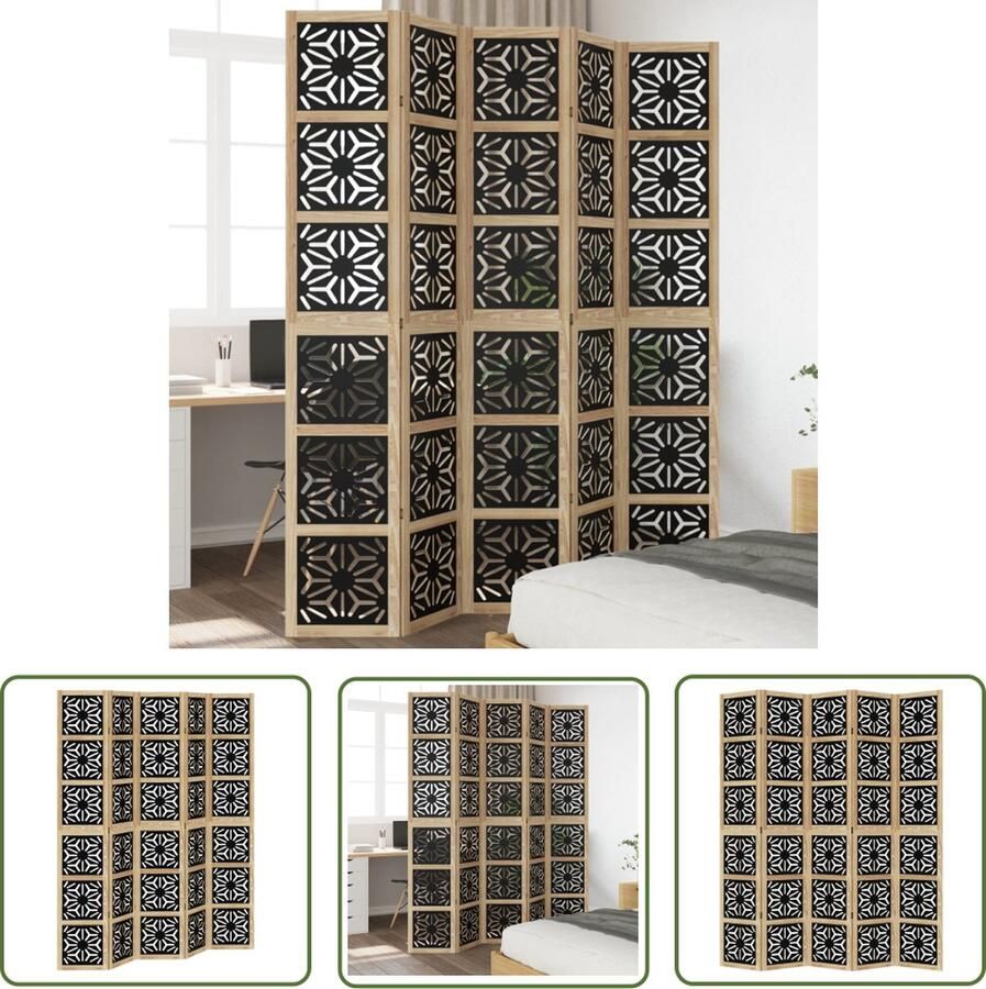 The Living Store Kamerscherm met 5 panelen massief paulowniahout bruin en zwart Kamerscherm