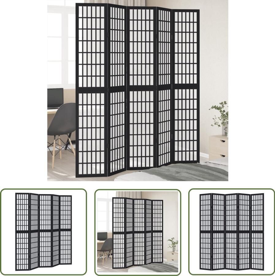 The Living Store Kamerscherm met 5 panelen massief paulowniahout zwart Kamerscherm Houten Scherm Privacy Screen Scheidingswand Paulowniahout