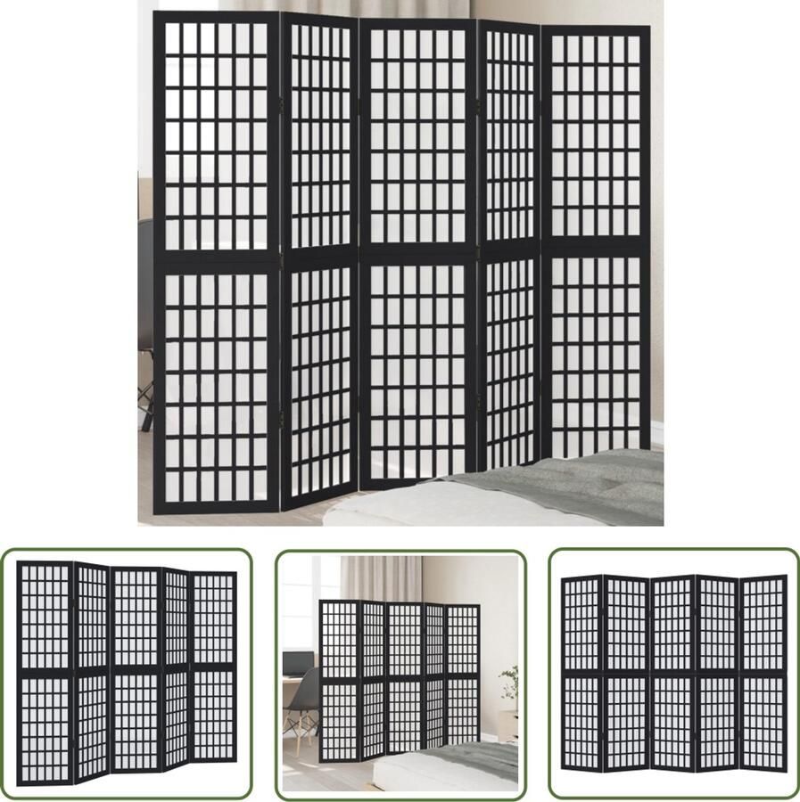 The Living Store Kamerscherm met 5 panelen massief paulowniahout zwart Kamerscherm Scheidingswand Houten Kamersscherm Paulowniahout Multifunctioneel Scherm