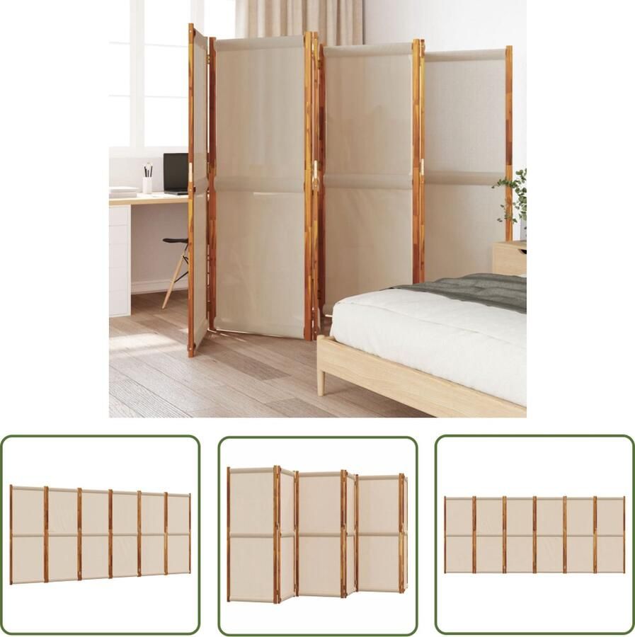 The Living Store Kamerscherm met 6 panelen 420x180 cm taupe Kamerscherm Scheidingswand Privacy Screen Acacia Hout Textiel