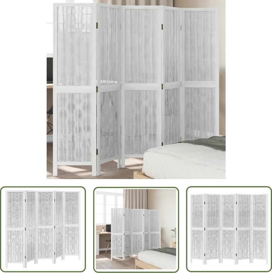 The Living Store Kamerscherm met Wilgentakken 175-180 x 160 cm Wit Paulowniahout 5 panelen Kamerscherm Scheidingswand Paulownia Hout Wilgentakken Wit