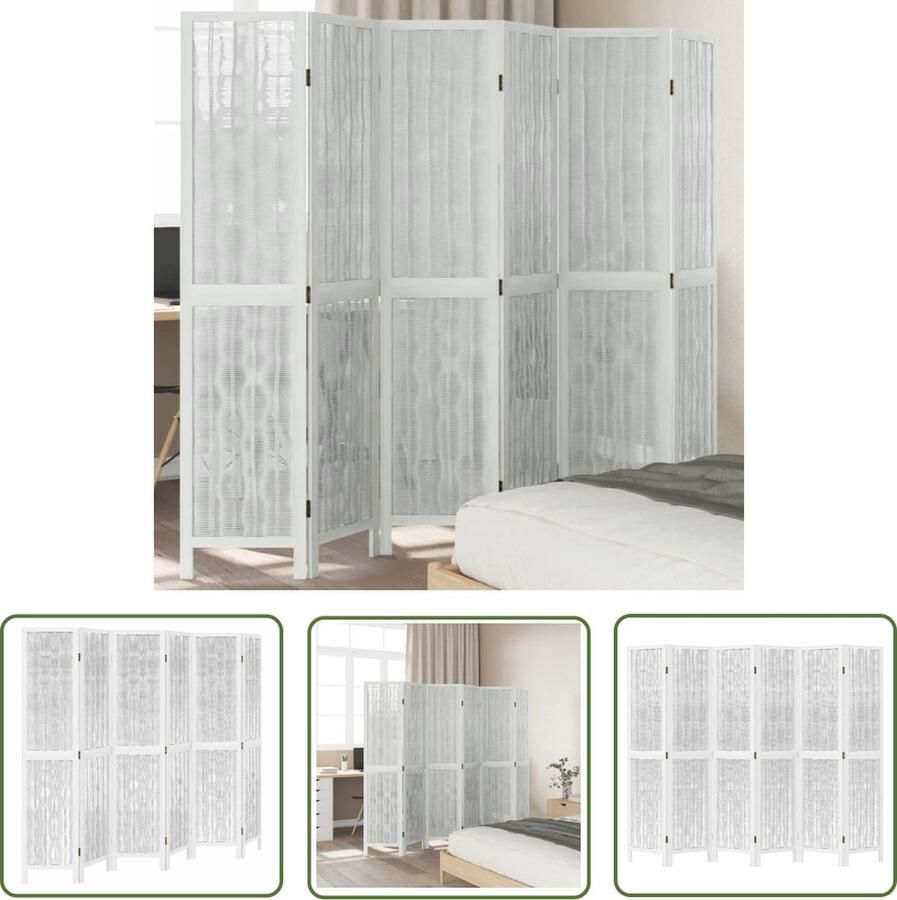 The Living Store Kamerscherm van Paulowniahout en Wilgentak 6 Panelen 210-215 x 180 cm Flexibel en Duurzaam Kamerscherm Scheidingswand Paulownia Hout Wilgentak Wit