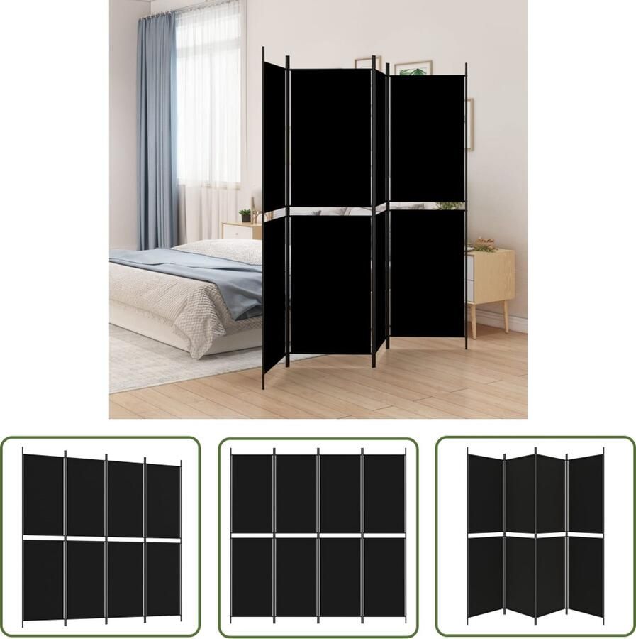 The Living Store Kamerscherm met 4 panelen 200x200 cm stof zwart Kamerscherm