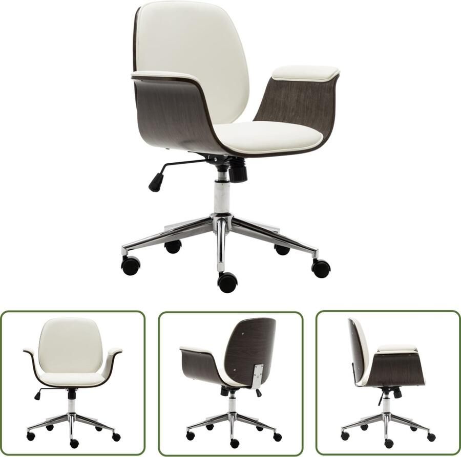 The Living Store Fauteuil Bureaustoel Leer Houten frame Verstelbaar 69x56x(80-88)cm Wit Grijs Met wieltjes 110kg Bureaustoel Kantoorsstoel Ergonomische Stoel Comfortabele Stoel Witte Stoel - Foto 2