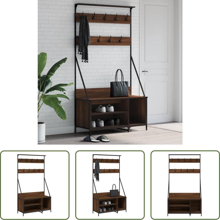 The Living Store Kapstok Bruineiken 100x41x184 cm Duurzaam hout Ruime opbergruimte Kledingrek Kapstok Houten Kledingrek Vintage Kapstok Garderobe Organizer - Foto 2