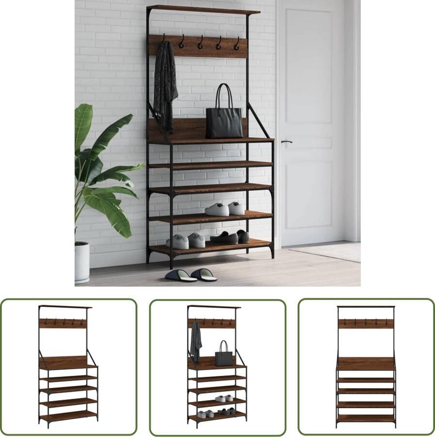 The Living Store Kapstok Bruineiken Vrijstaand 90 x 34 x 184 cm Duurzaam materiaal Kledingrek Kapstok Kastoplossing Houten Kledingrek Vintage Kledingrek - Foto 2