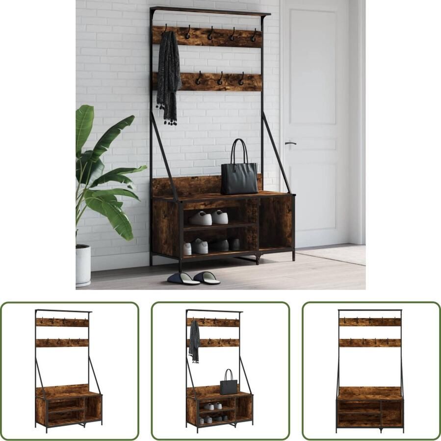 The Living Store Kledingrek met schoenenrek 100x41x184 cm gerookt eikenkleurig Kledingrek Kapstok Kastoplossing Houten Kledingrek Vintage Kledingrek