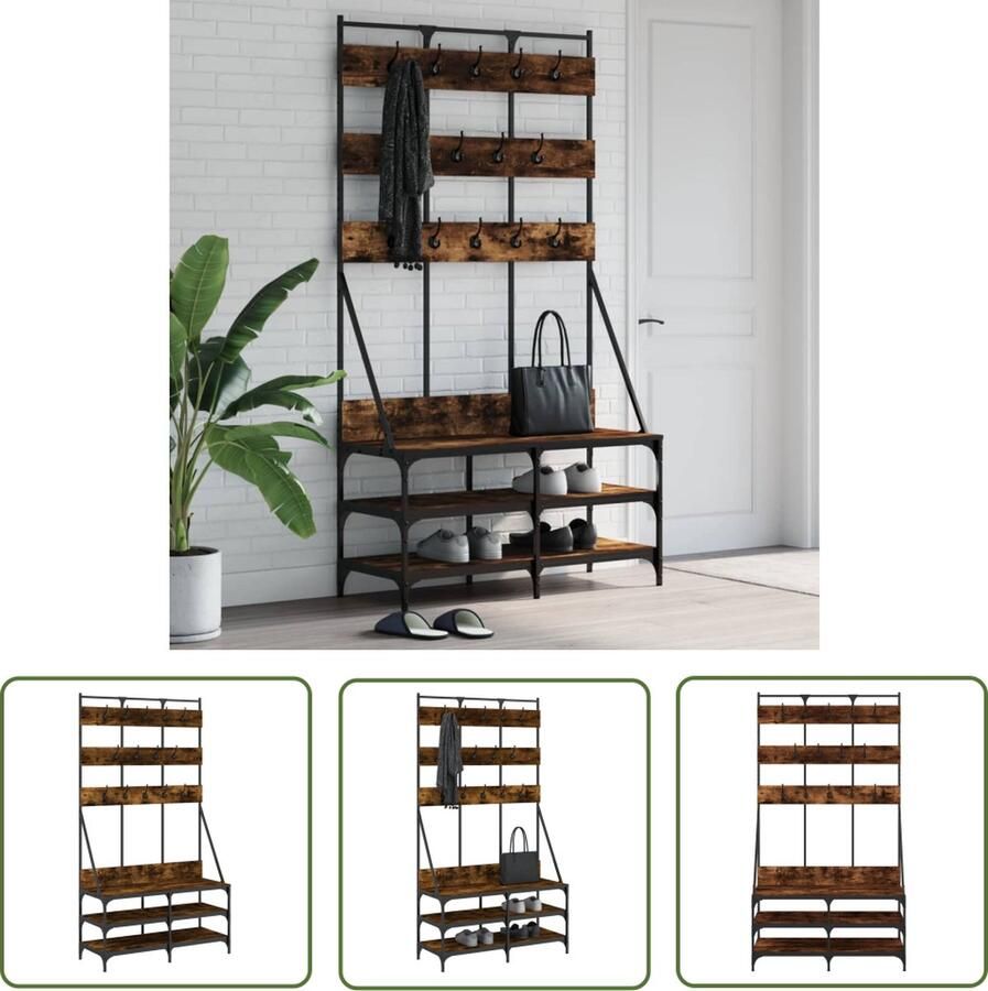 The Living Store Kledingrek met schoenenrek 100x40x184 cm gerookt eikenkleurig Kapstok Kledingrek Jassenrek Kastoplossing Houten Kapstok - Foto 2