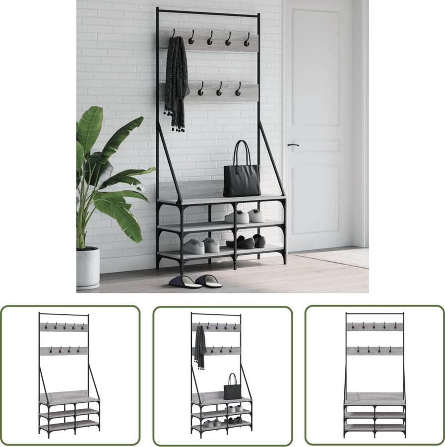 The Living Store Kapstok Houten constructie Ruimtebesparend Grijs sonoma eiken 90 x 34 x 184 cm Duurzaam materiaal Kledingrek Kapstok Houten Kapstok Grijze Kapstok Slimme Opslag