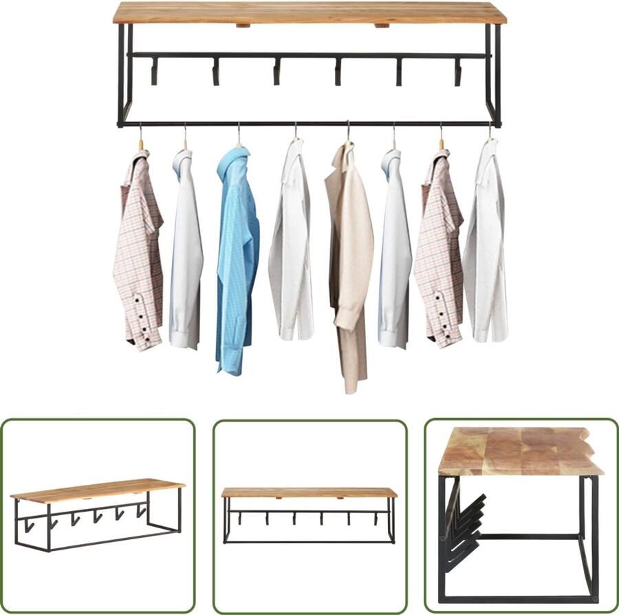 The Living Store Kapstok met schap 100x34x38 cm massief acaciahout Wandkapstok Kapstok Met Schap Acacia Hout Zwart Metaal Entreehal