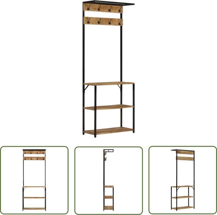 The Living Store Kapstok Standaard Massief Mangohout 68 x 30 x 182 cm 2-in-1 design Kapstok Houten Kapstok Mangohouten Kapstok Schoenenrek Kledingopstelling