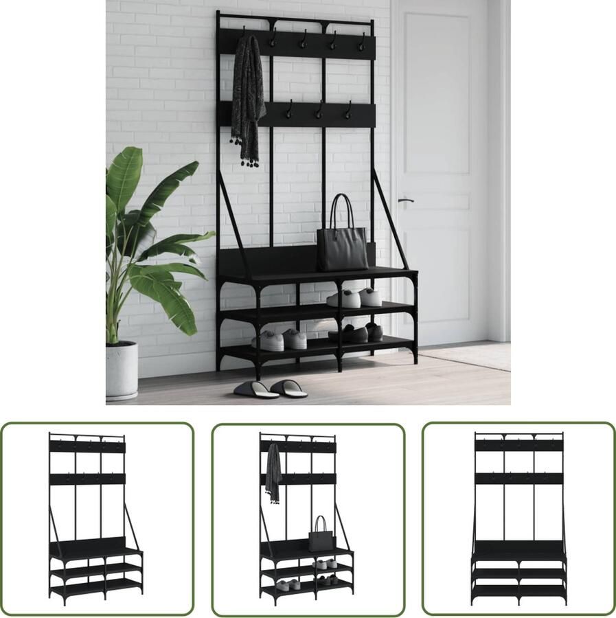 The Living Store Kapstok Vrijstaand 100x40x184 cm Zwart hout metaal Kledingrek Kapstok Jassenrek Garderobe Organizer Entreehal Meubilair - Foto 2