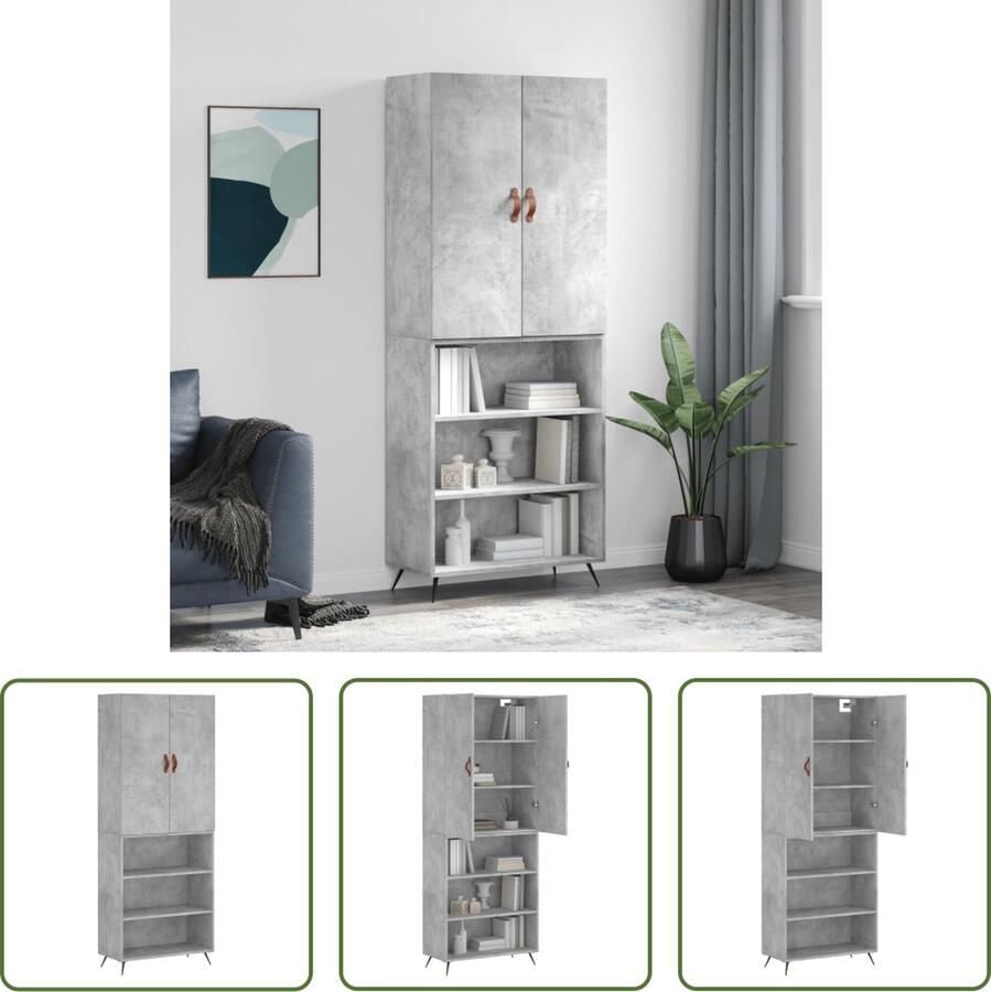 The Living Store Hoge kast 69 5x34x180 cm bewerkt hout betongrijs Hoge Kast Kasten Dressoirs Opbergkast Betongrijs - Foto 2