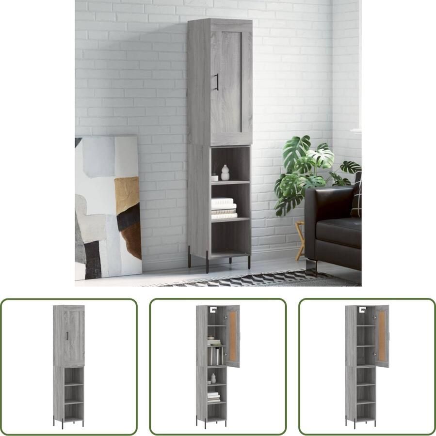 The Living Store Hoge kast 34 5x34x180 cm bewerkt hout grijs sonoma eikenkleurig Hoge Kast Kasten Grijze Kast Houten Kast Opslagoplossing