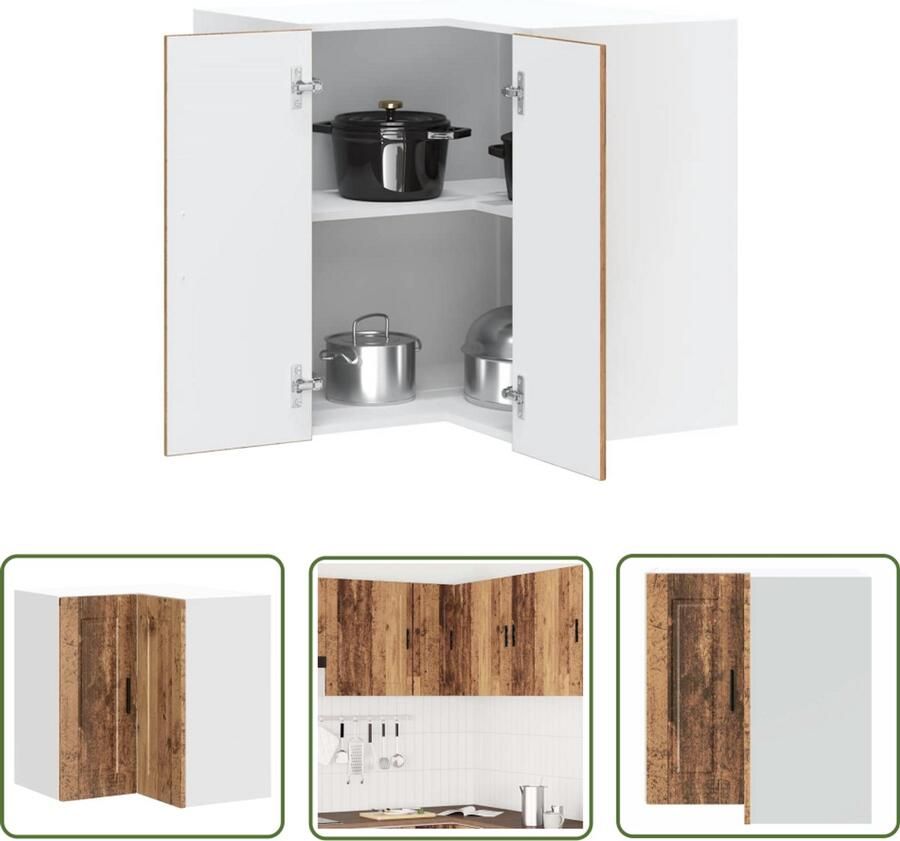 The Living Store Keuken hoekkast Porto bewerkt hout oud houtkleurig Keukenhoekkast Opbergkast Keuken Wandmontage Houten Keukenkast Vintage Keuken