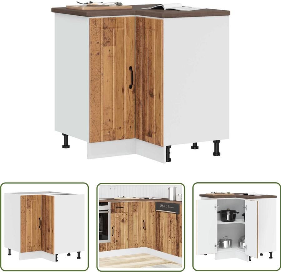 The Living Store Keuken hoekonderkast Lucca bewerkt hout oud houtkleurig Keukenhoekonderkast Hoekkast Keukenopstelling Houten Kast Vintage Keuken