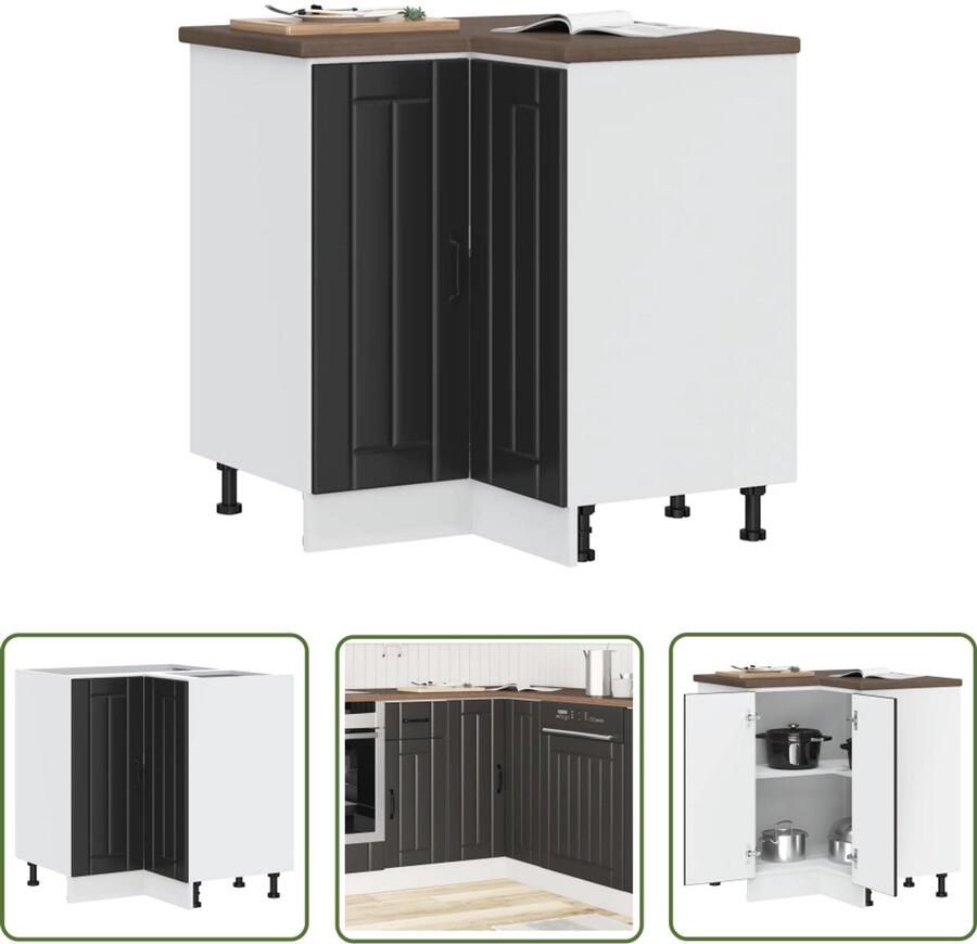 The Living Store Keuken hoekonderkast Lucca bewerkt hout zwart Keukenhoekonderkast Hoekkast Keukenmeubilair Opslagoplossing Keukenopslag