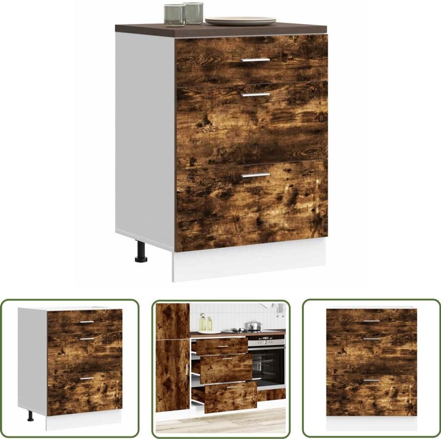 The Living Store Keuken onderkast bewerkt hout gerookt eikenkleurig Keukenonderkast Houten Keukenmeubel Opslagoplossing Keuken Keukenopslag Gerookte Eiken Kleur