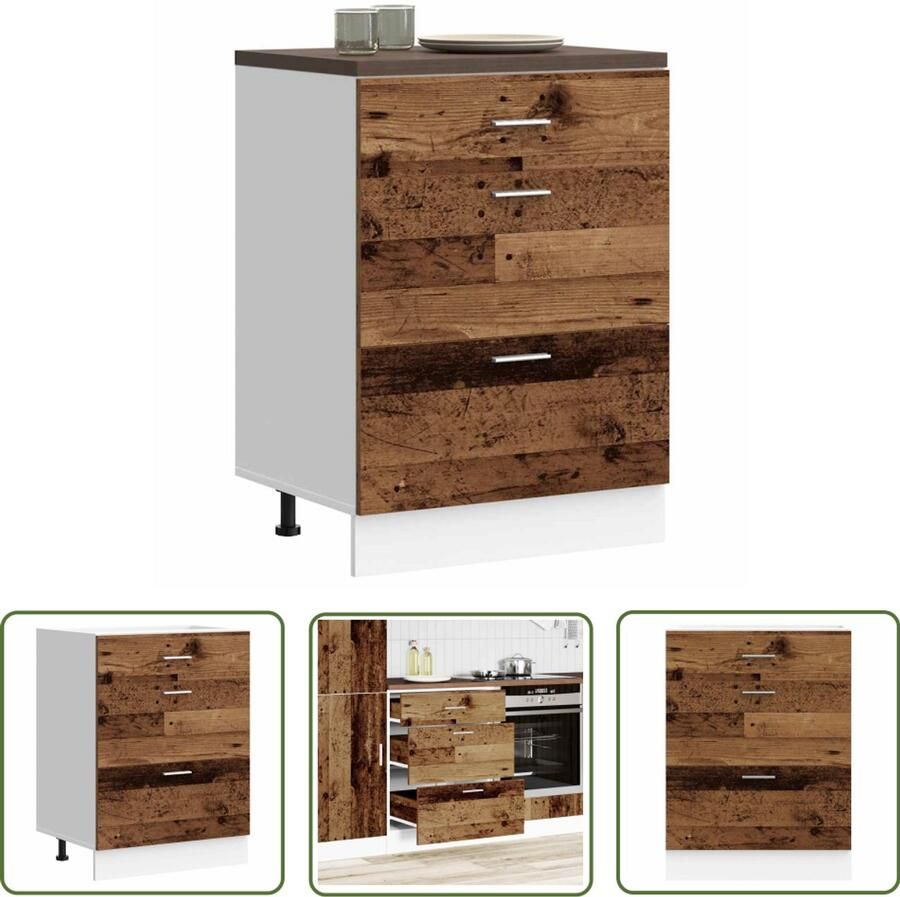 The Living Store Keuken onderkast bewerkt hout oud houtkleurig Keukenonderkast Houten Keukenkasten Opslagoplossing Keuken Keukenmeubilair Vintage Keuken