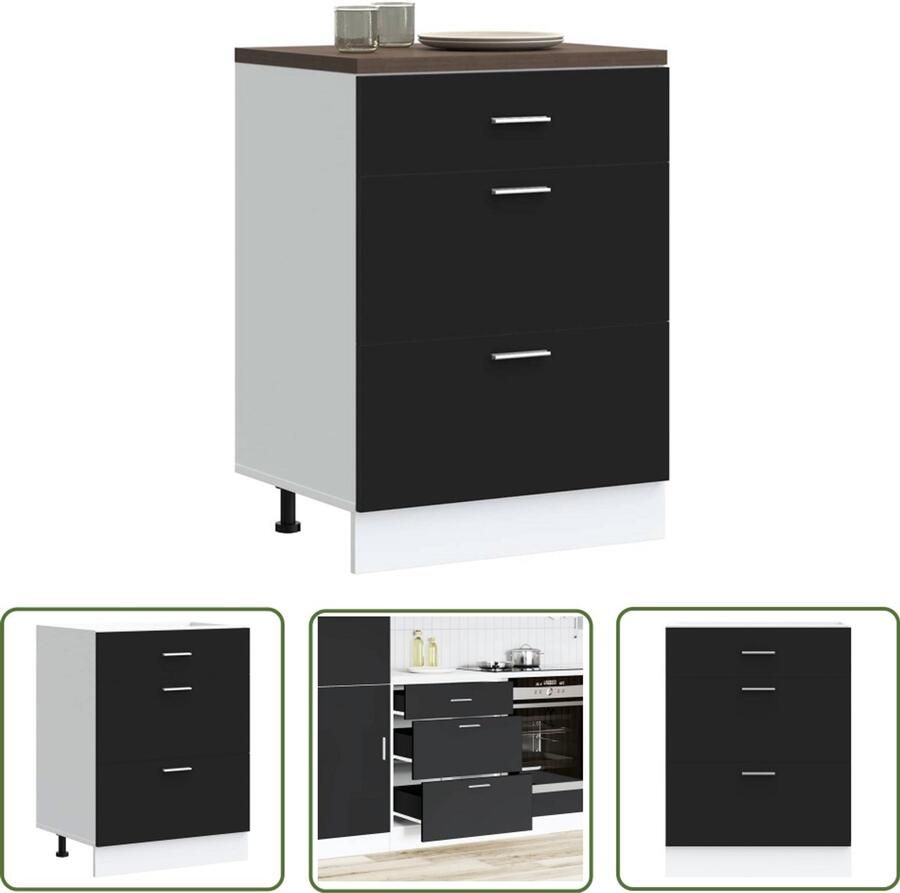 The Living Store Keuken onderkast bewerkt hout zwart Keukenonderkast Houten Keukenkasten Zwarte Keuken Opslagoplossing Keuken Keukenmeubels