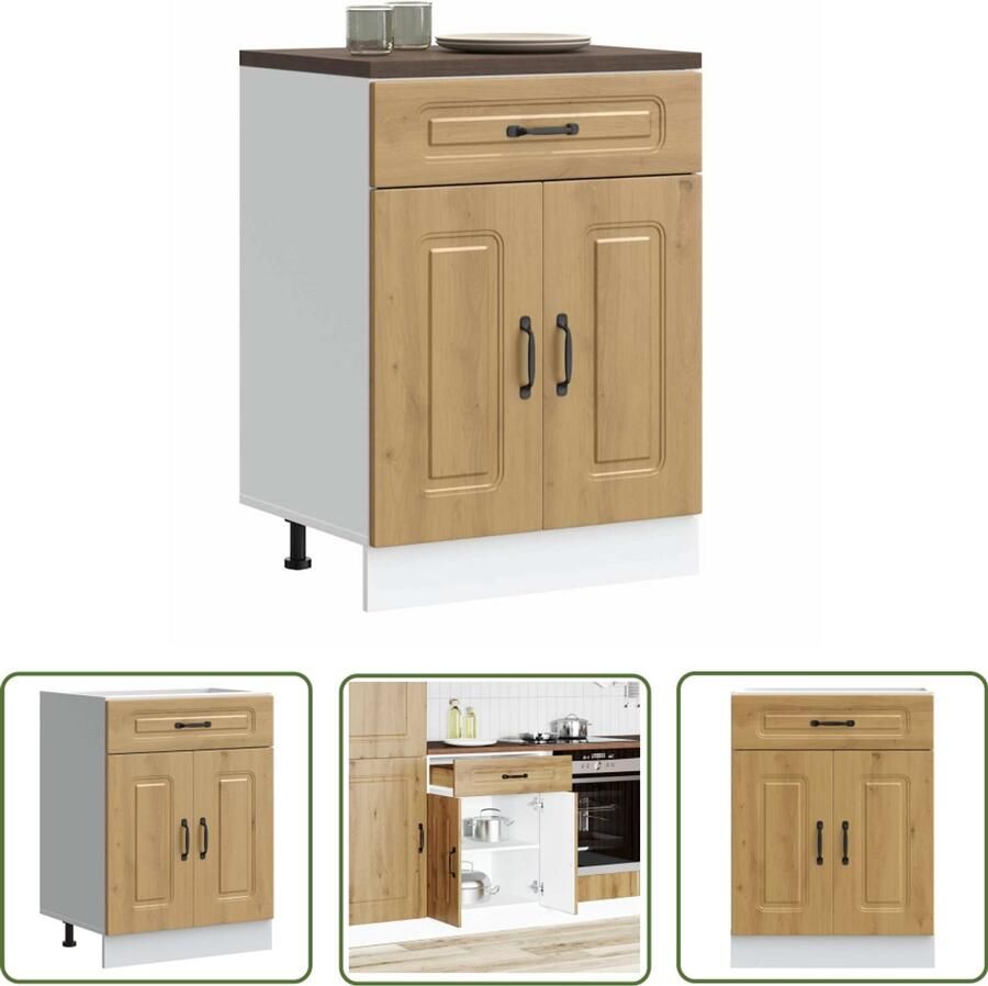 The Living Store Keuken onderkast Kalmar bewerkt hout artisanaal eikenkleur Keukenonderkast Houten Keukenkasten Opslagoplossing Keuken Artisianale Eiken Meubels Keukenmeubilair