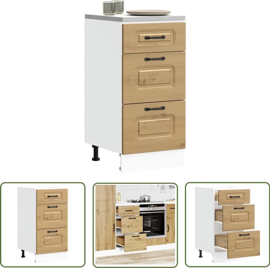 The Living Store Keuken onderkast Kalmar bewerkt hout artisanaal eikenkleur Keukenonderkast Keukenkasten Houten Keuken Opslagoplossing Keuken Organisatie