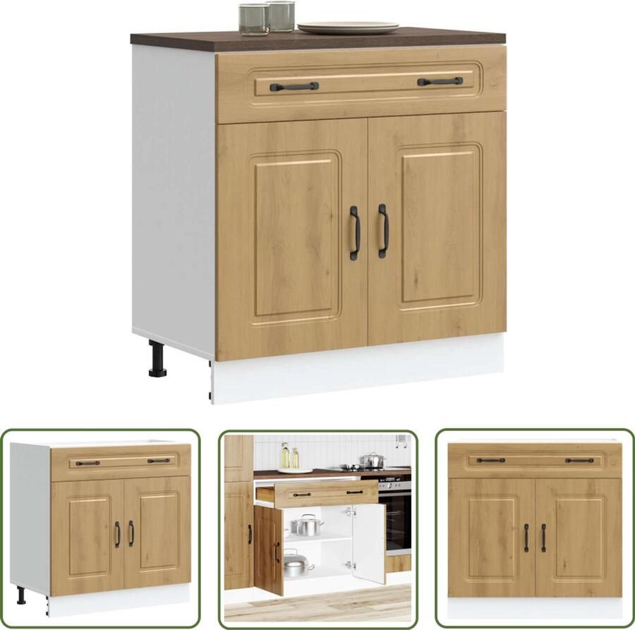 VidaXL Houten Keukenonderkast Keuken Onderkasten Keuken onderkast Kalmar bewerkt hout artisanaal eikenkleur Eiken Kleur Keukenopbergruimte Keuken Organisatie