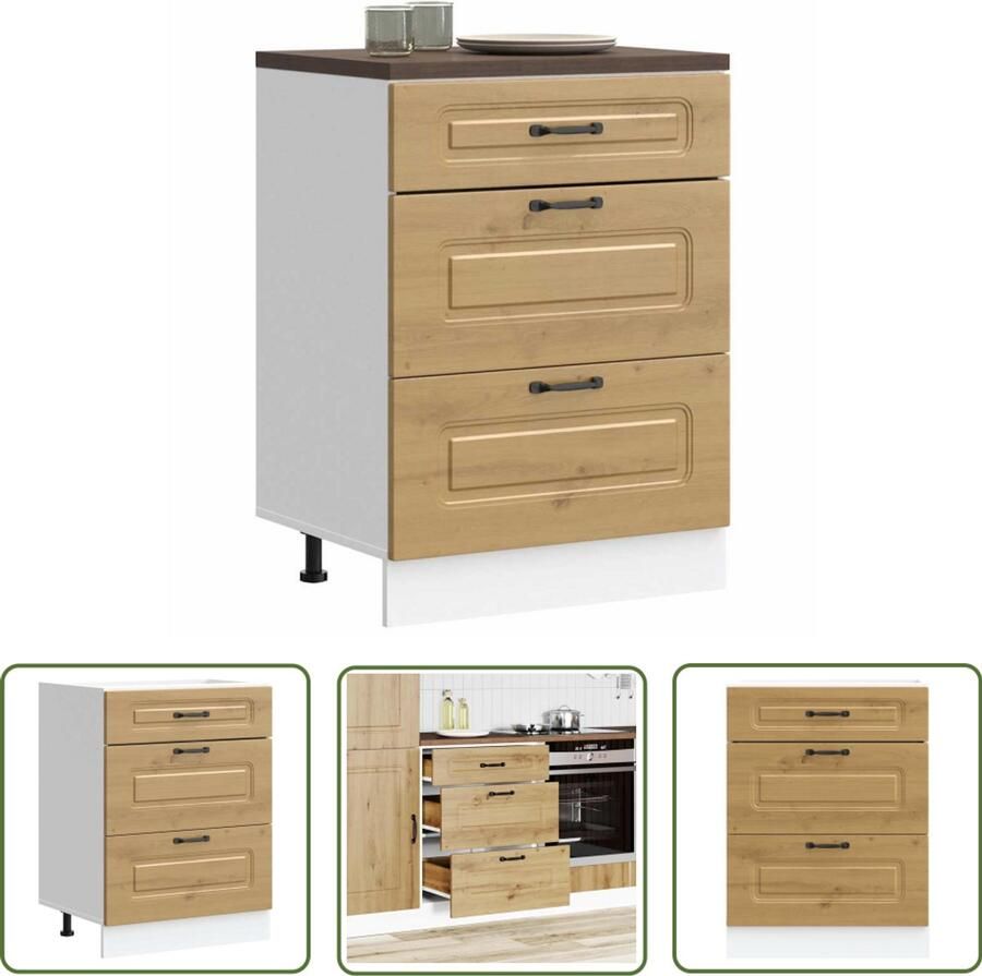 The Living Store Keuken onderkast Kalmar bewerkt hout artisanaal eikenkleur Keukenonderkast Houten Keukenkast Opslagoplossing Keuken Kalmar Serie Artisianale Eiken Kleur