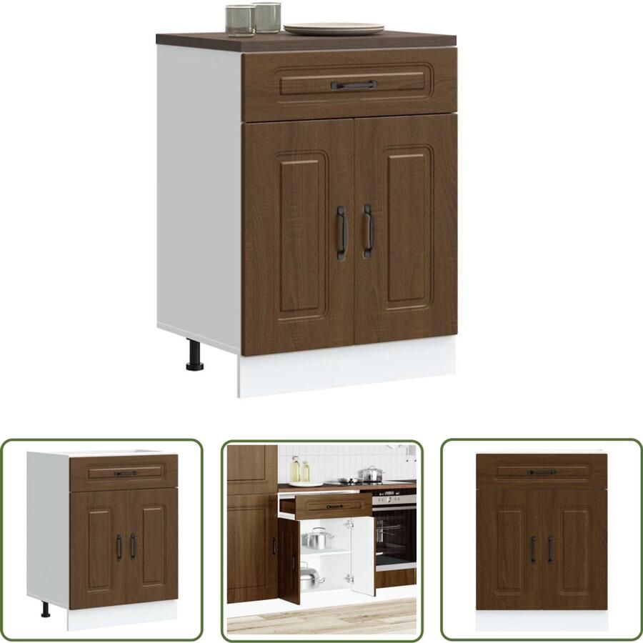 The Living Store Keuken onderkast Kalmar bewerkt hout bruin eikenkleur Keukenonderkast Houten Keukenkasten Bruine Eiken Kleur Keukenopstelling Bergruimte Keuken