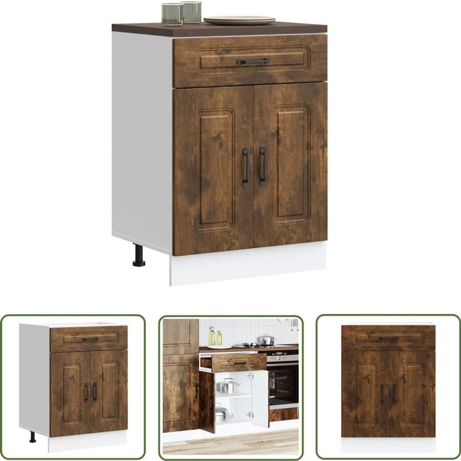 The Living Store Keuken onderkast Kalmar bewerkt hout gerookt eikenkleurig Keukenonderkast Houten Keukenkasten Opslagoplossing Keuken Keukenmeubel Kalmar Serie