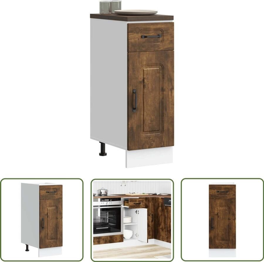 The Living Store Keuken onderkast Kalmar bewerkt hout gerookt eikenkleurig Keukenonderkast Houten Keuken Opslagoplossing Keuken Keukenmeubel Kalmar Serie