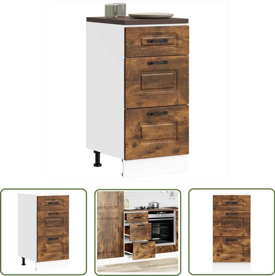 The Living Store Keuken onderkast Kalmar bewerkt hout gerookt eikenkleurig Keukenonderkast Keukenmeubel Opslagoplossing Houten Keukenkasten Kalmar Serie