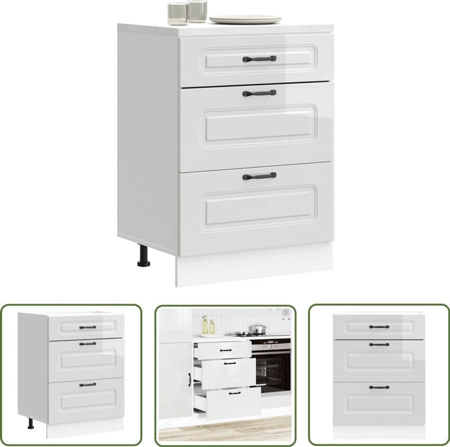 The Living Store Keuken onderkast Kalmar bewerkt hout hoogglans wit Keukenonderkast Houten Keukenkast Witte Keukenkast Opslagruimte Keuken Kalmar Serie