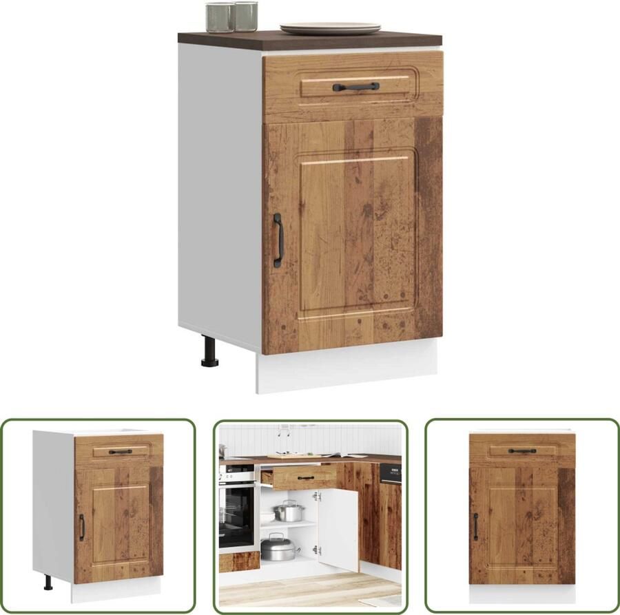 The Living Store Keuken onderkast Kalmar bewerkt hout oud houtkleurig Keukenonderkast Houten Keuken Opslagruimte Keuken Keukenmeubel Kalmar Serie