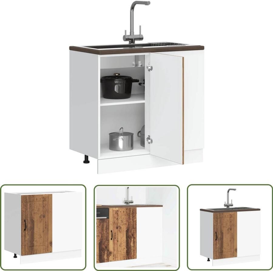 The Living Store Keuken onderkast Kalmar bewerkt hout oud houtkleurig Keukenonderkast Houten Keukenkasten Opslagoplossing Keuken Kalmar Serie Keukenmeubilair - Foto 2