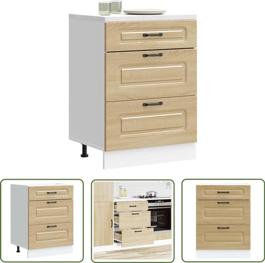 The Living Store Keuken onderkast Kalmar bewerkt hout sonoma eikenkleurig Keukenonderkast Houten Keuken Sonoma Eiken Keukenopbergruimte Keukenkasten