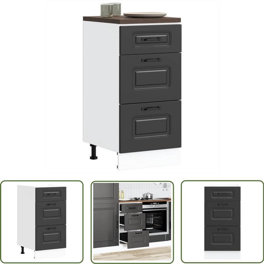 The Living Store Keuken onderkast Kalmar bewerkt hout zwart Keukenonderkast Zwarte Keukenkast Houten Keukenkast Opslagruimte Keuken Keukenopstelling - Foto 3