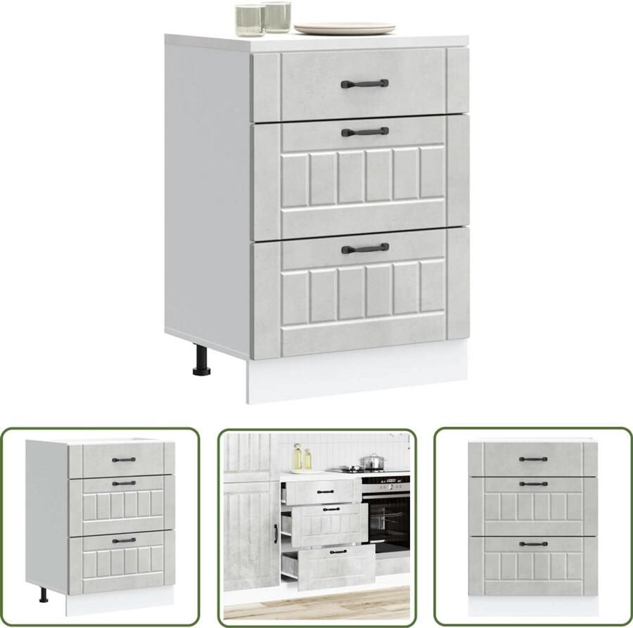 The Living Store Keuken onderkast Lucca bewerkt hout betongrijs Keukenonderkast Houten Keukenkast Betonnen Grijze Keukenkast Lucca Serie Opslagruimte Keuken