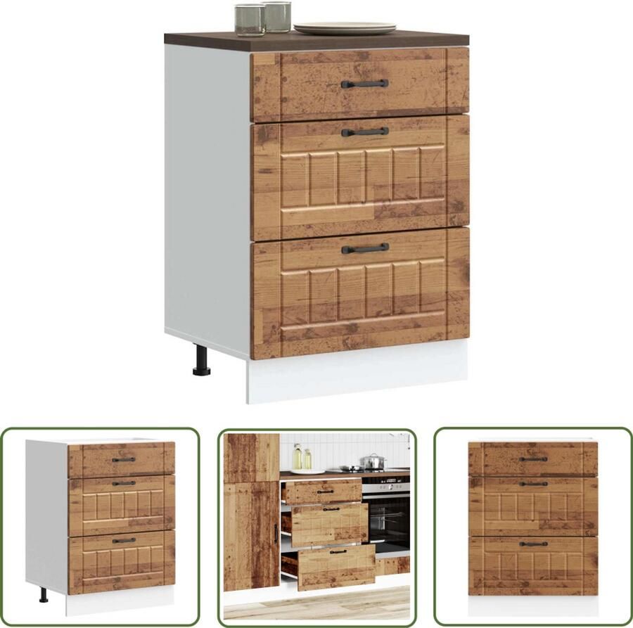 The Living Store Keuken onderkast Lucca bewerkt hout oud houtkleurig Keukenonderkast Houten Keuken Opslagoplossing Keuken Lucca Serie Vintage Keuken