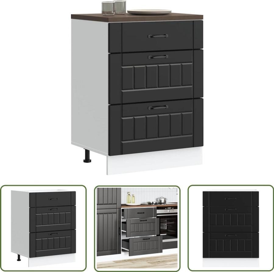 The Living Store Keuken onderkast Lucca bewerkt hout zwart Keukenonderkast Houten Keukenkast Zwarte Keukenkast Lucca Serie Opslagruimte