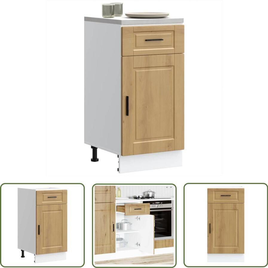 The Living Store Keuken onderkast Porto bewerkt hout artisanaal eikenkleur Keukenonderkast Keukenkasten Houten Keuken Artisianale Eiken Kleur Opbergruimte Keuken