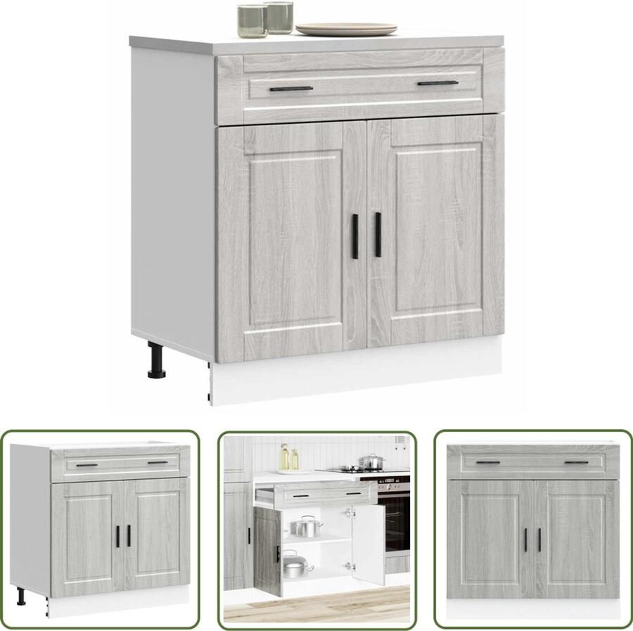 The Living Store Keuken onderkast Porto bewerkt hout grijs sonoma eiken Keukenonderkast Houten Keukenkast Opslagruimte Keuken Grijze Keukenkast Sonoma Eiken