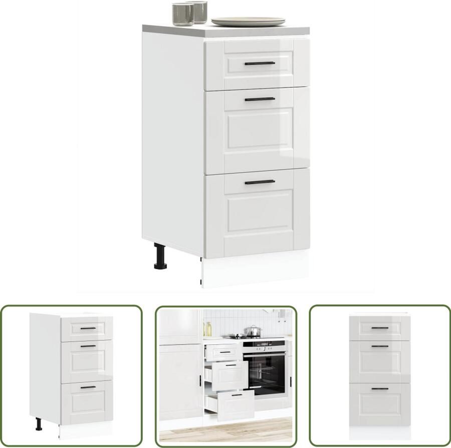 The Living Store Keuken onderkast Porto bewerkt hout hoogglans wit Keukenonderkast Houten Keukenkast Witte Keukenkast Hoogglans Keuken Opslagruimte Keuken