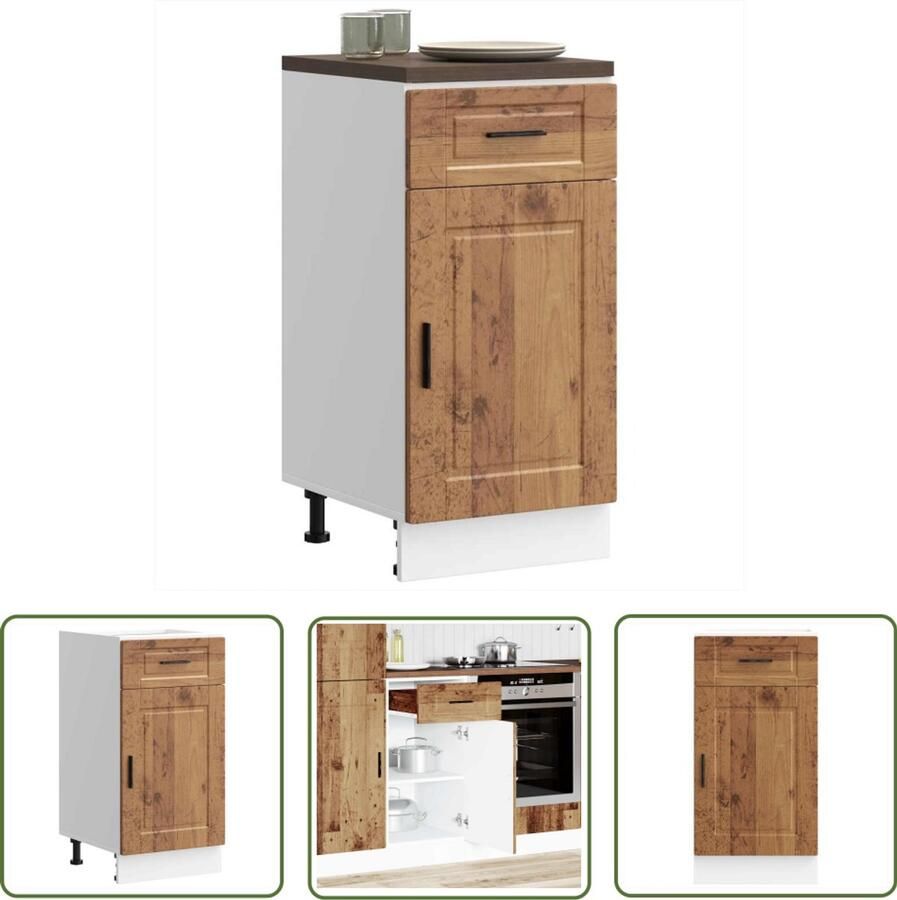 The Living Store Keuken onderkast Porto bewerkt hout oud houtkleurig Keukenonderkast Houten Keukenkast Opslagruimte Keuken Houtlook Keuken Vintage Keuken