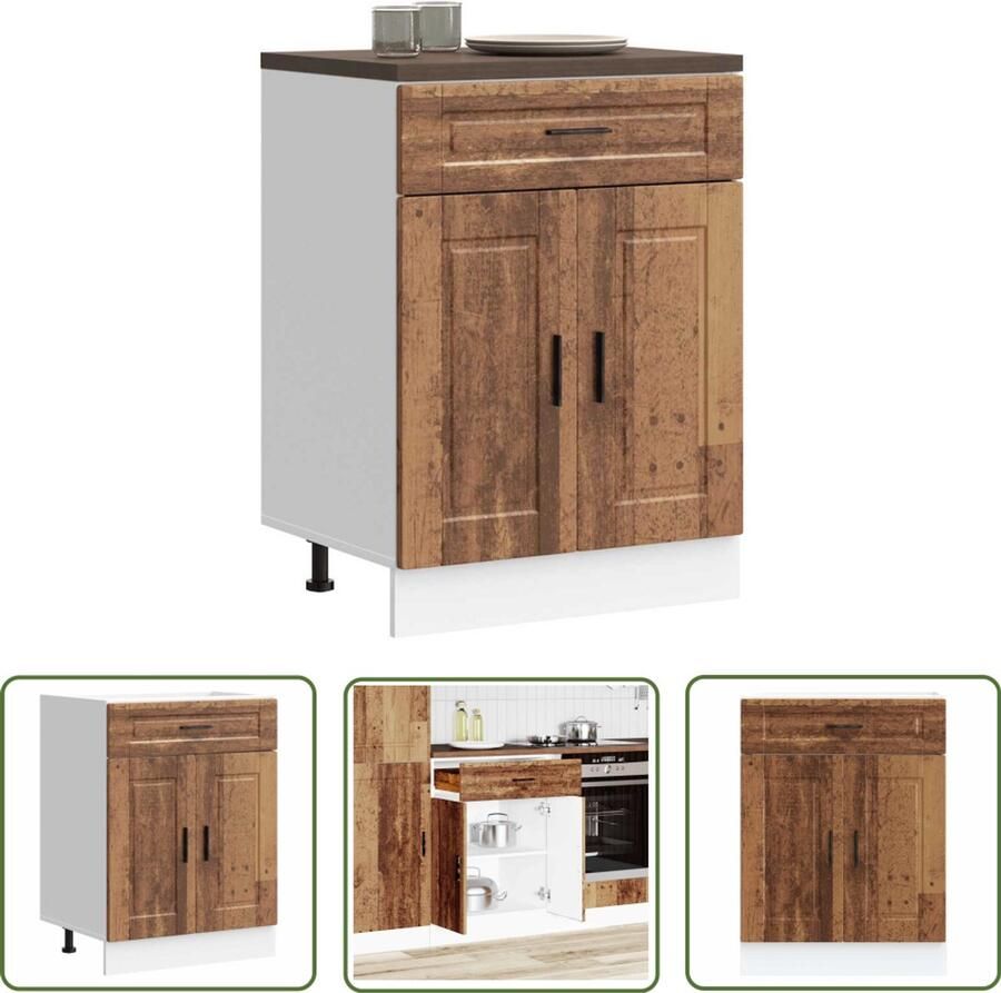 The Living Store Keuken onderkast Porto bewerkt hout oud houtkleurig Keukenonderkast Houten Keukenmeubel Opslagruimte Keuken Keukenopslag Vintage Keuken