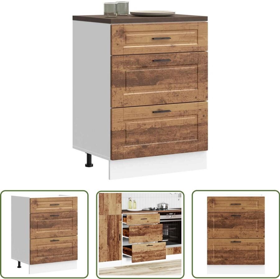 The Living Store Keuken onderkast Porto bewerkt hout oud houtkleurig Keukenonderkast Houten Keuken Opslagruimte Keuken Keukenmeubel Vintage Keuken